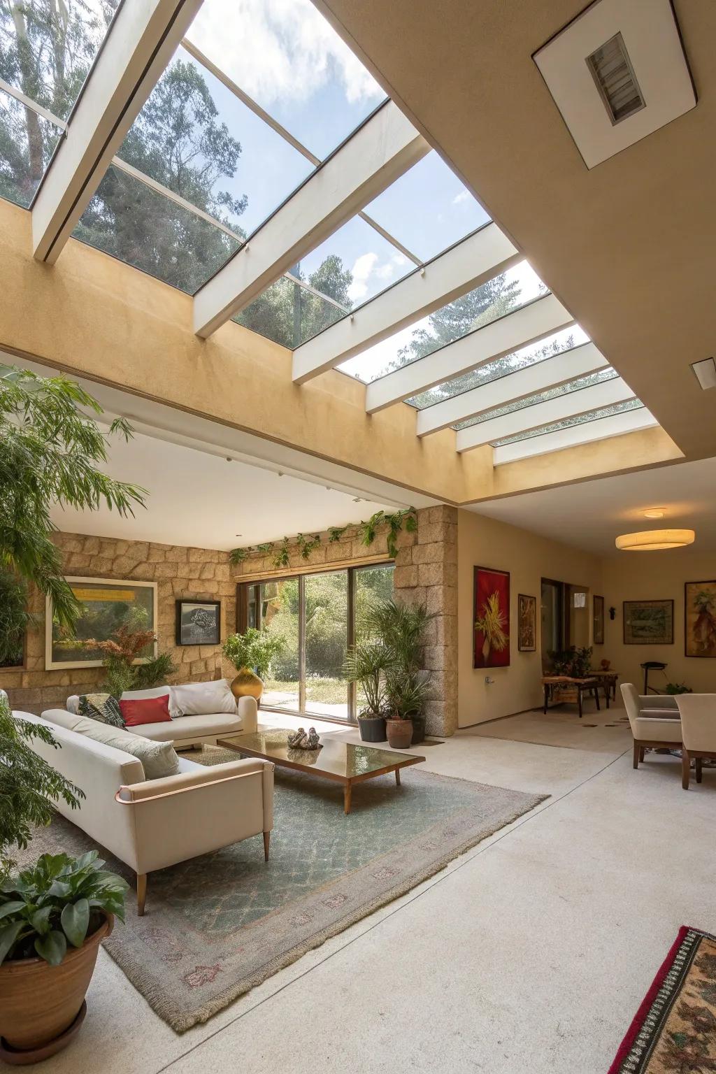 Skylights channel the splendor of daylight into earth-sheltered living zones.