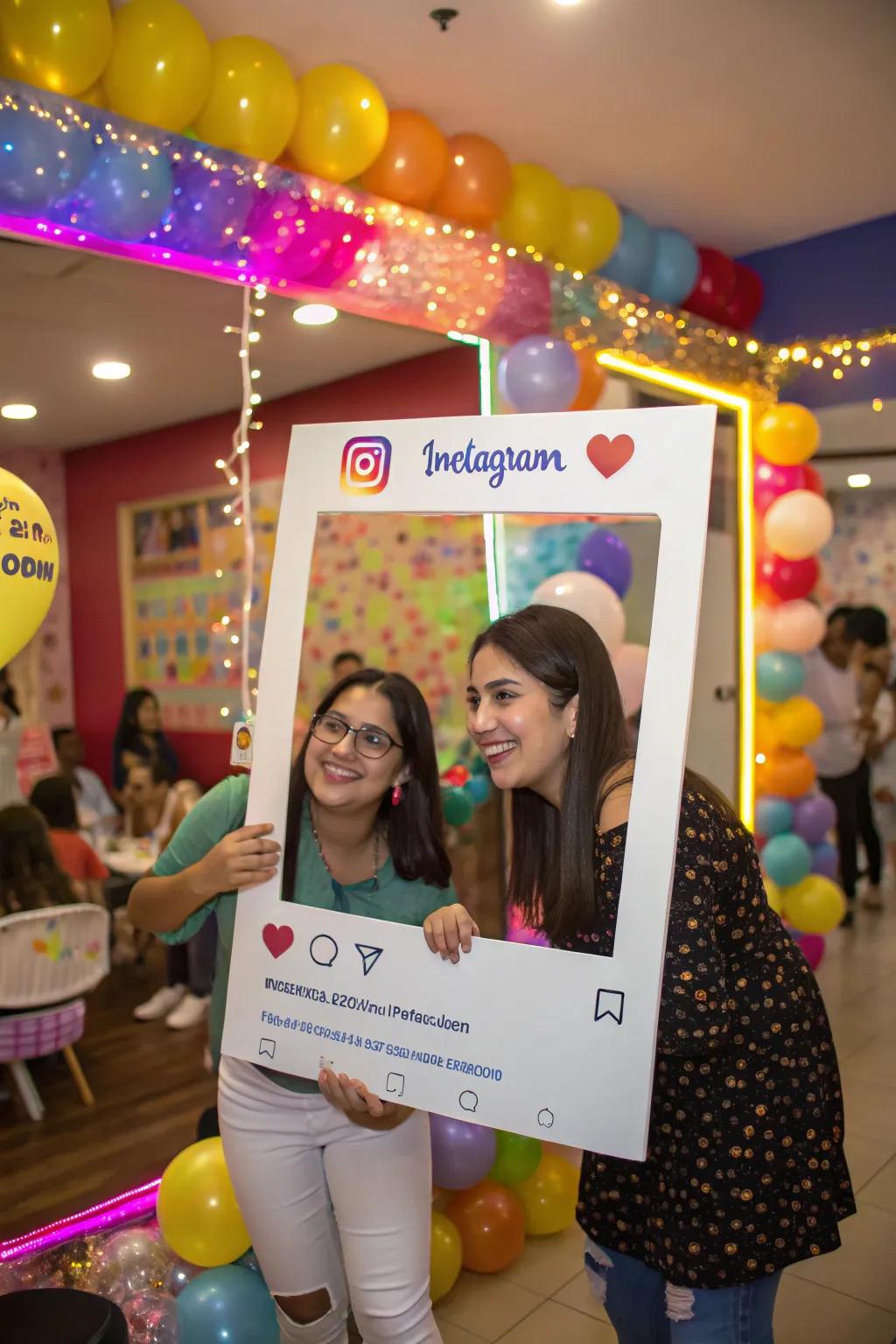 Guests savoring lighthearted moments with social media frame cutouts.