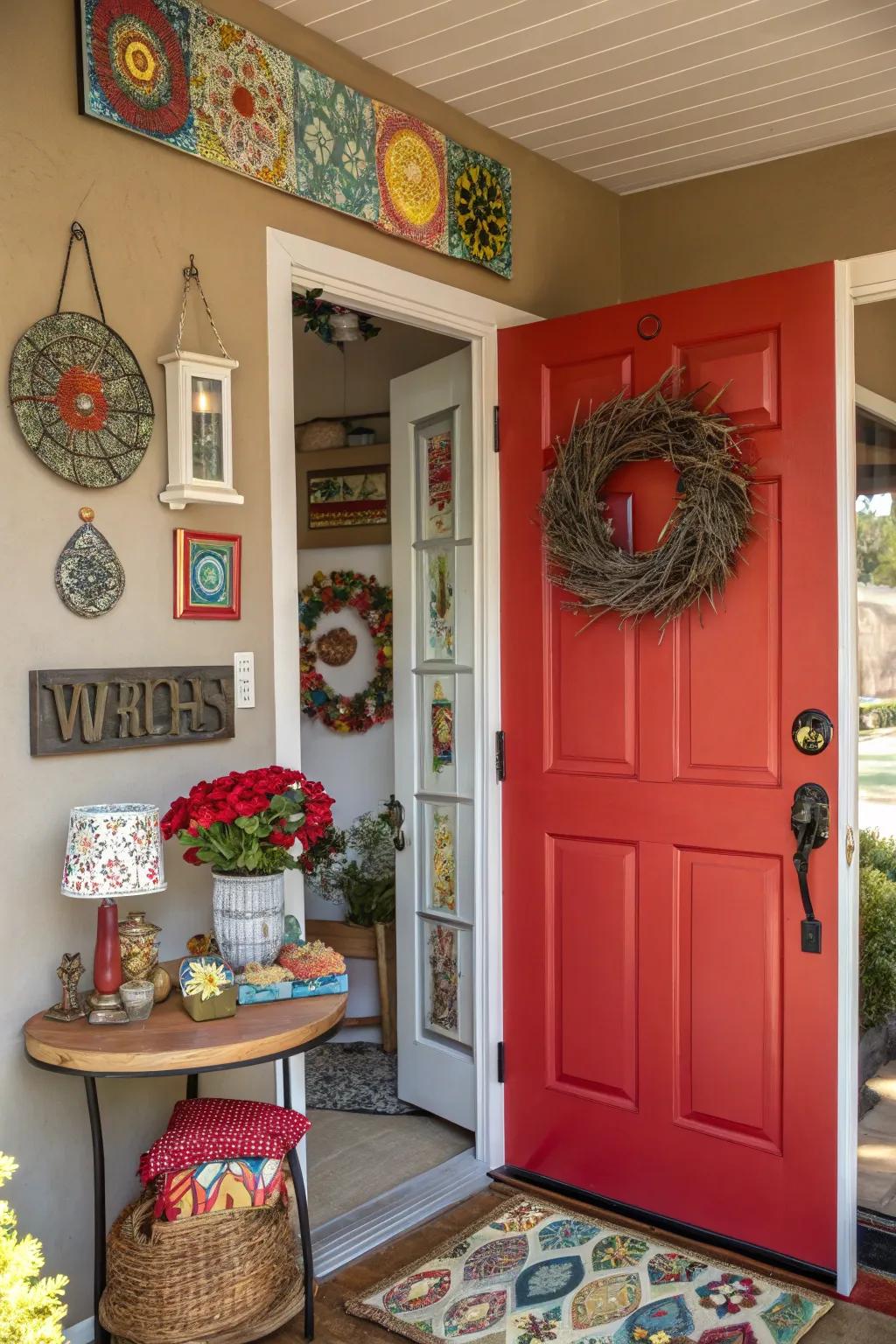 A bold scarlet door making a vibrant statement in the entryway.