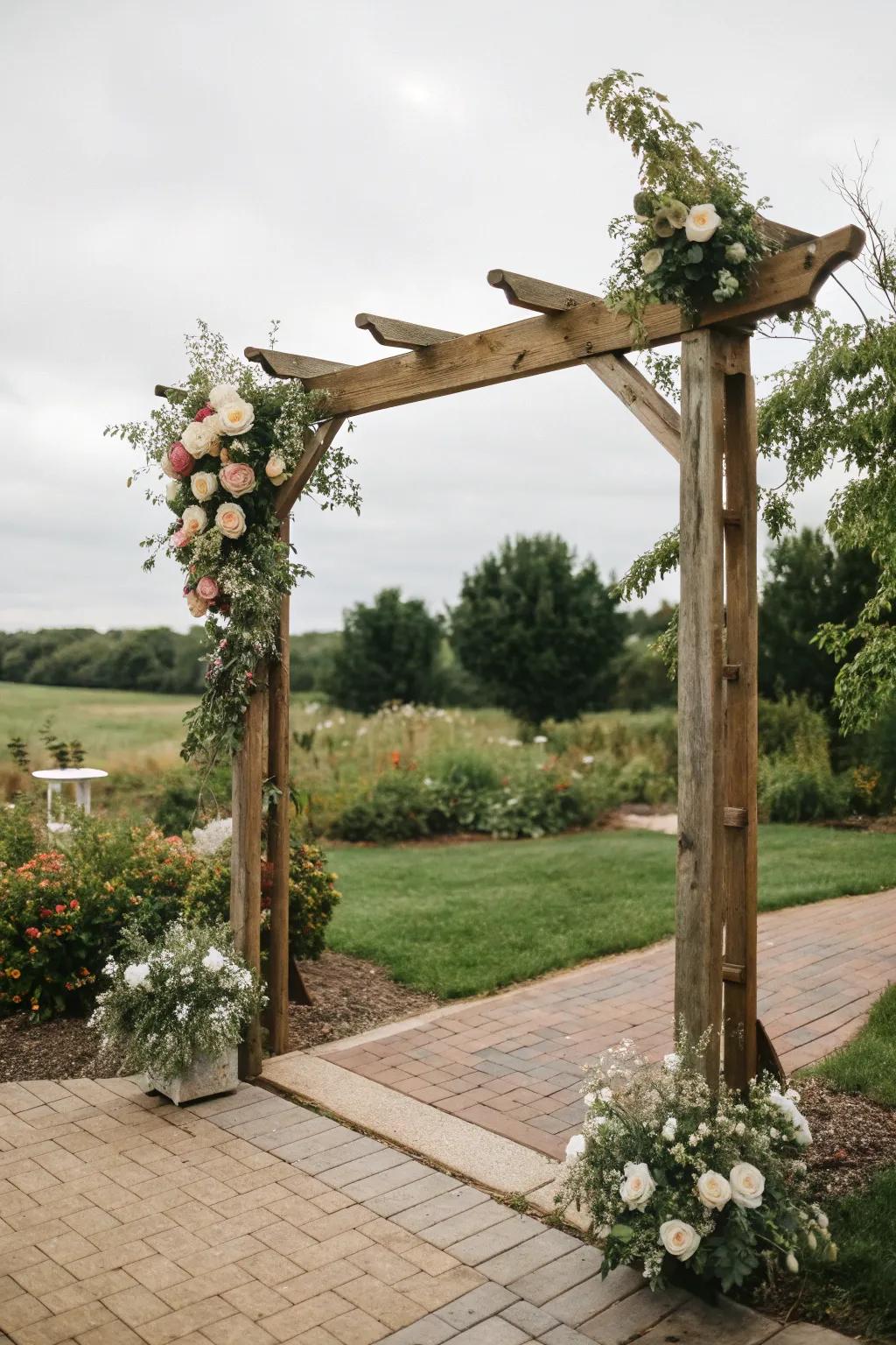 A country-inspired timber archway decorated with flowers creates a delightful scene.