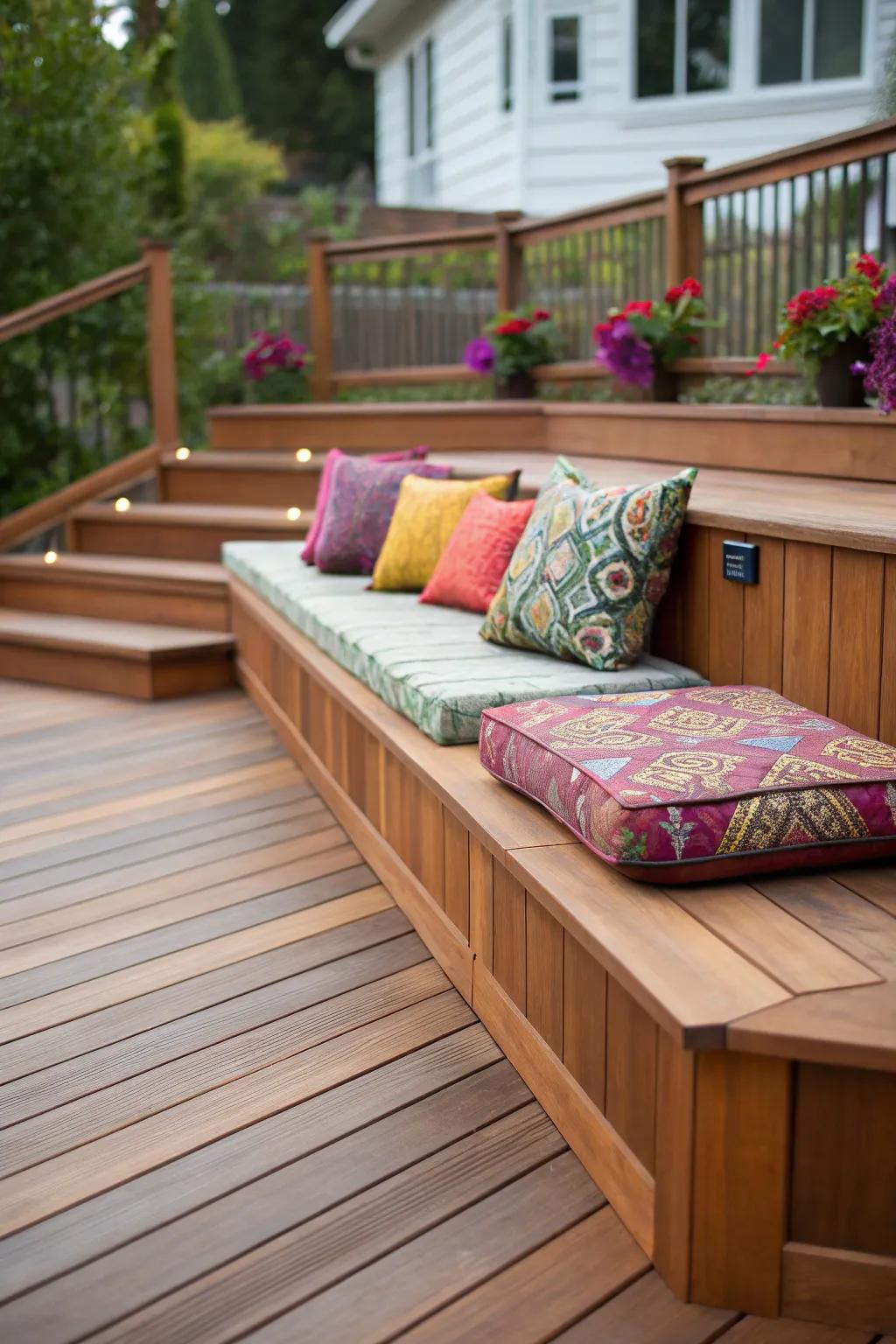 Integrated seating introduces comfort and style to your deck.