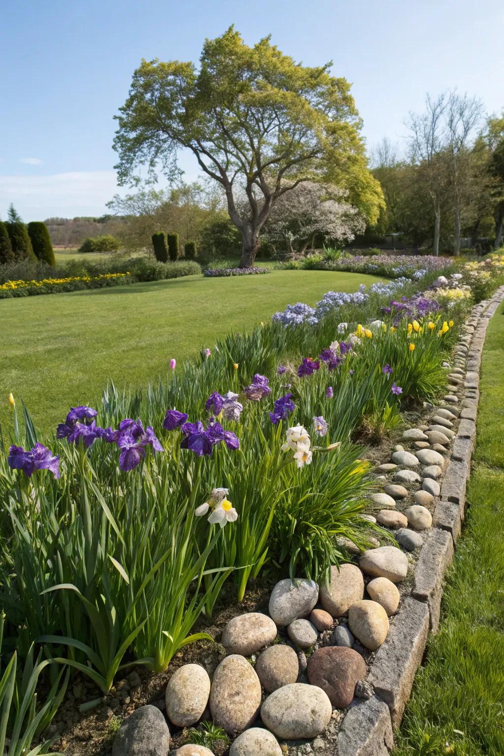 Iris beds distinguished beautifully with raw stone bordering.