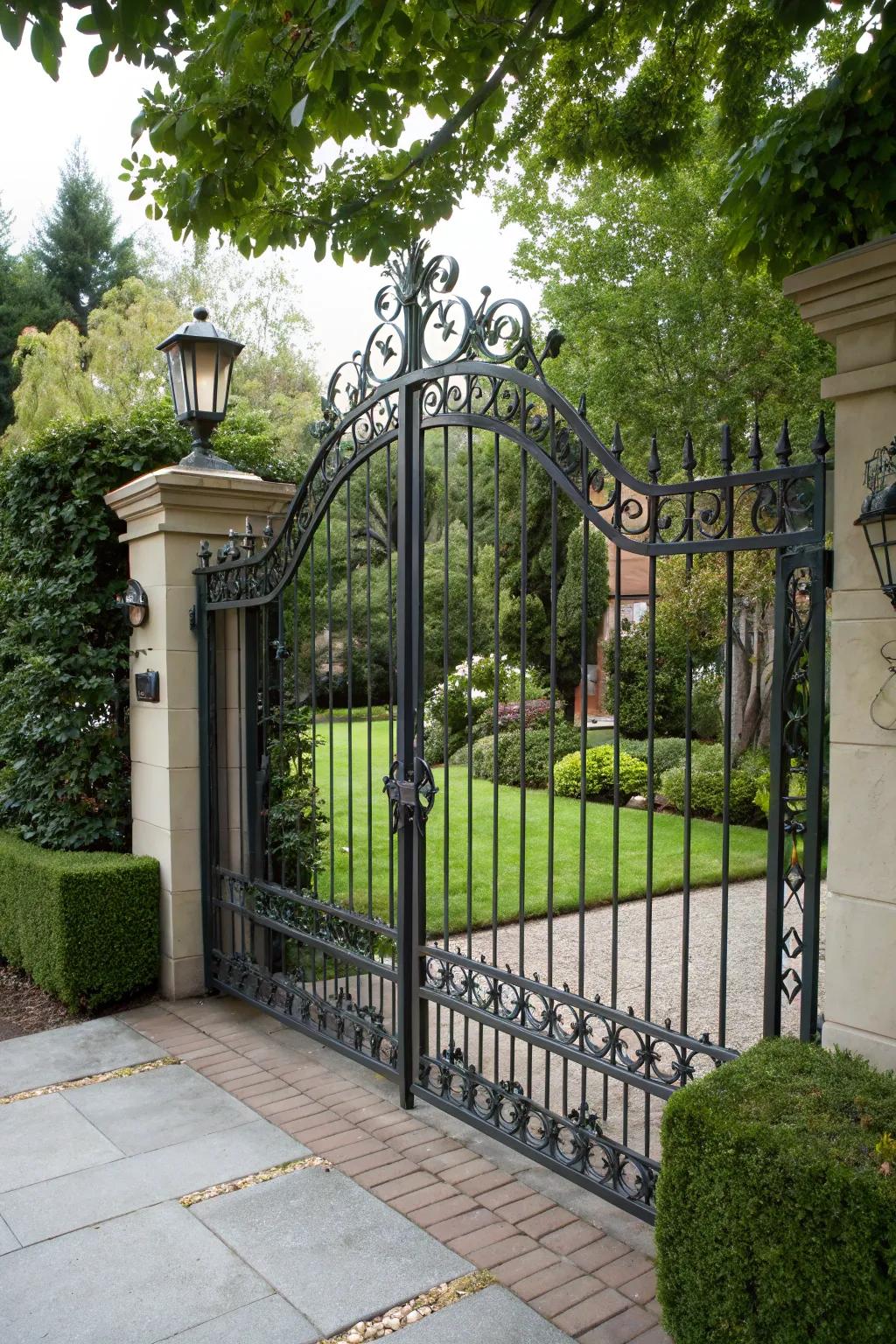 A standard hinged forged iron entrance welcoming to a hospitable abode.