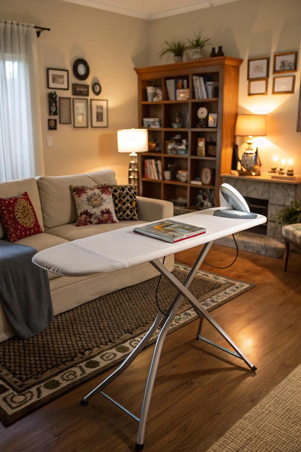 A convertible ironing surface table graces a welcoming living space.