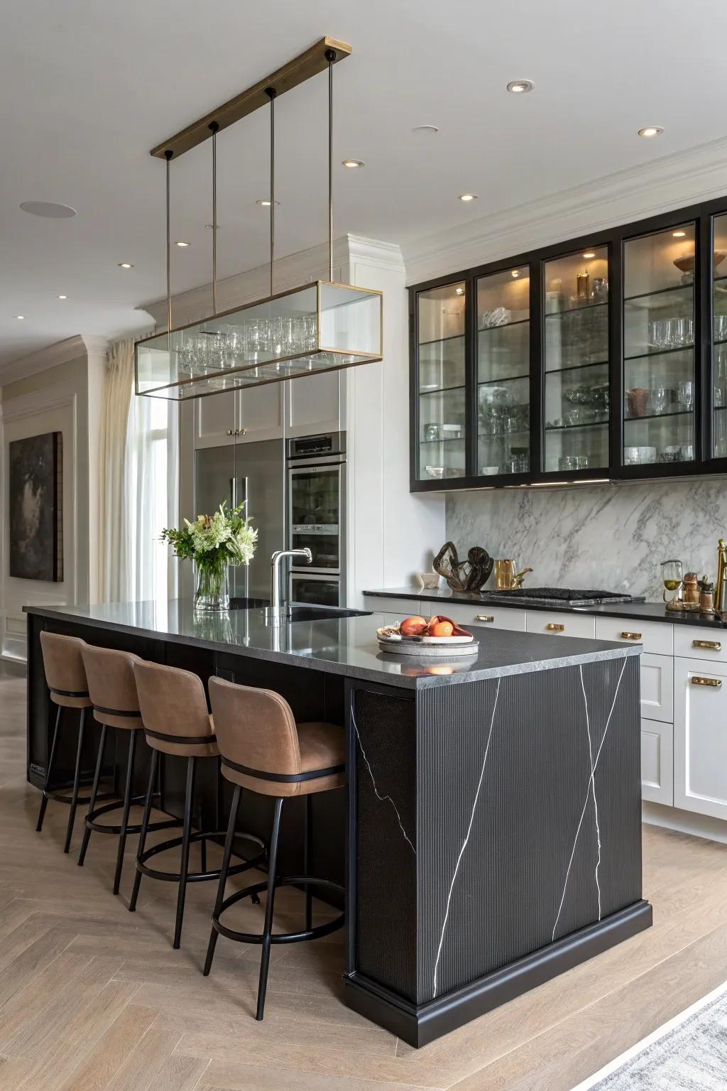 A black countertop, offering a bold and sophisticated aesthetic to a contemporary kitchen island.
