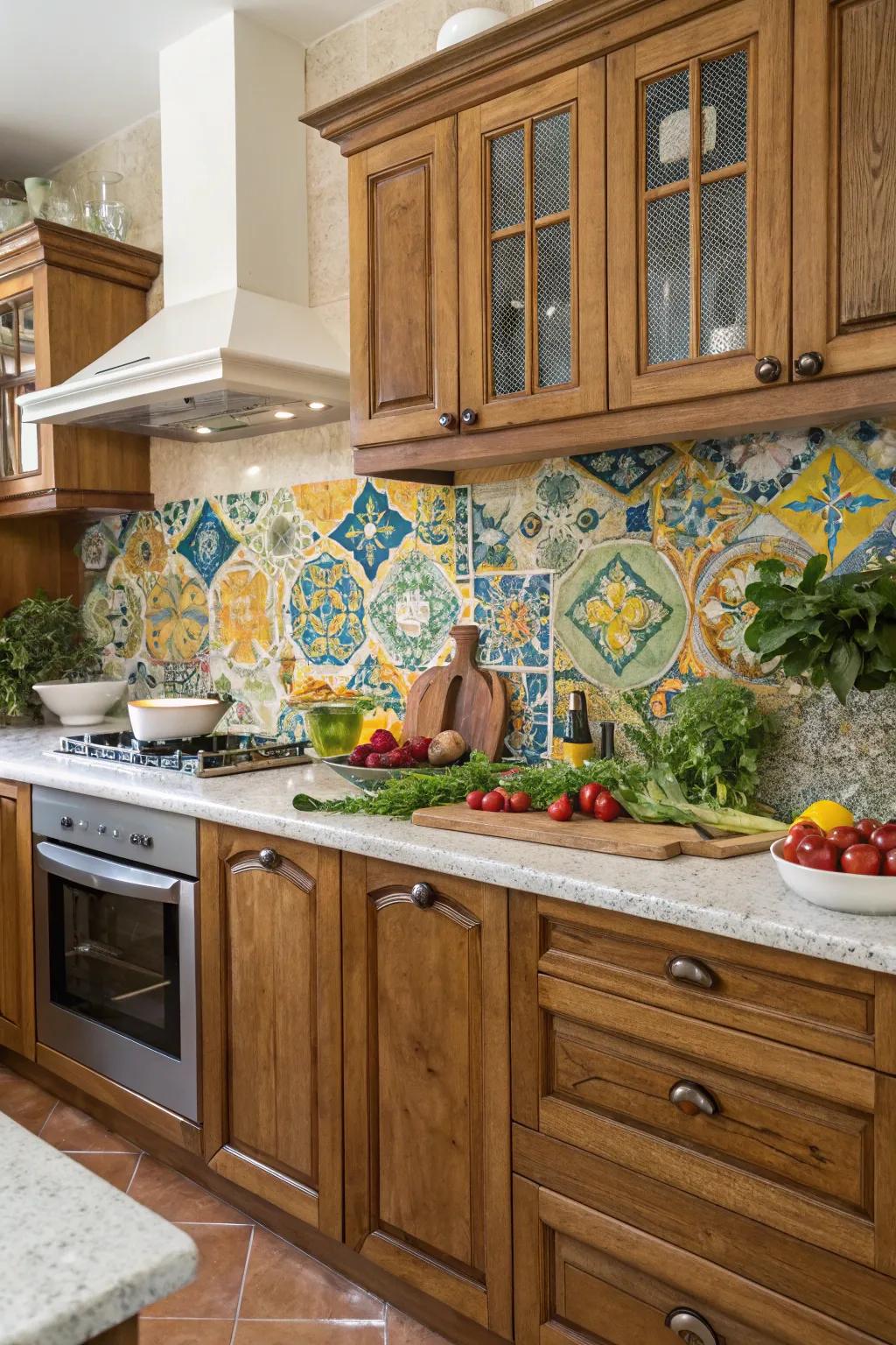A vibrant tile panel introduces an artistic element to this Italian cooking space.