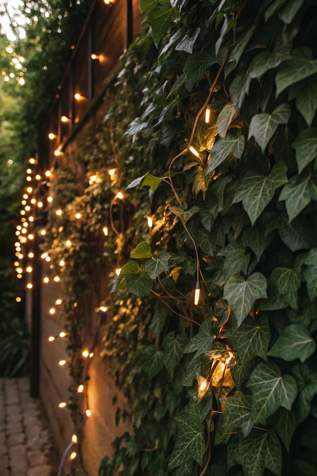 A captivating blend of greenery and twinkle lights crafting a welcoming and cozy ambiance.