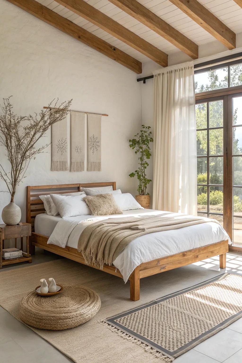 The stage is set for peace and relaxation, as neutral colors craft a serene Japandi bedroom. #JapandiStyle #InteriorDesign #HomeDecor
