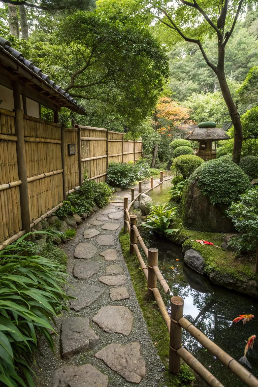 Bamboo fencing adding structure and privacy to a Japanese garden.