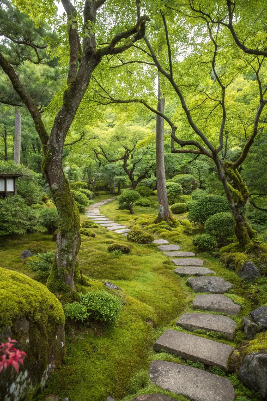 A lush Japanese garden showcasing various trees and mosses.