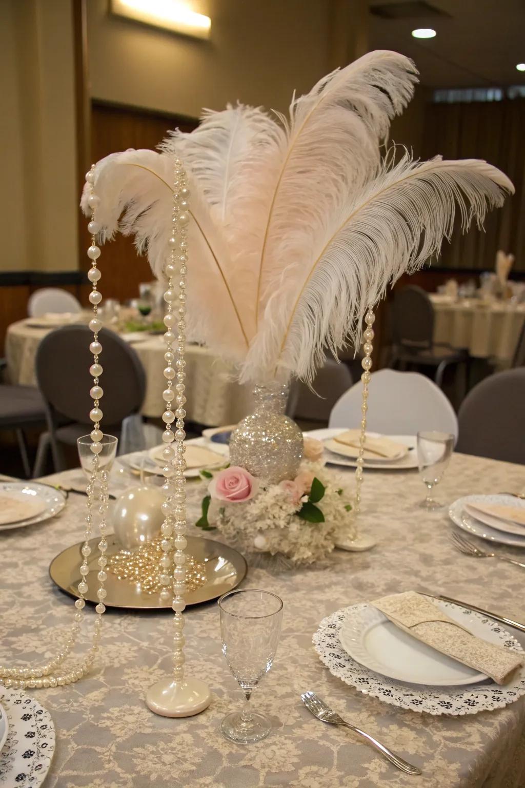 Feathers and pearls deliver timeless sophistication to your table setting.