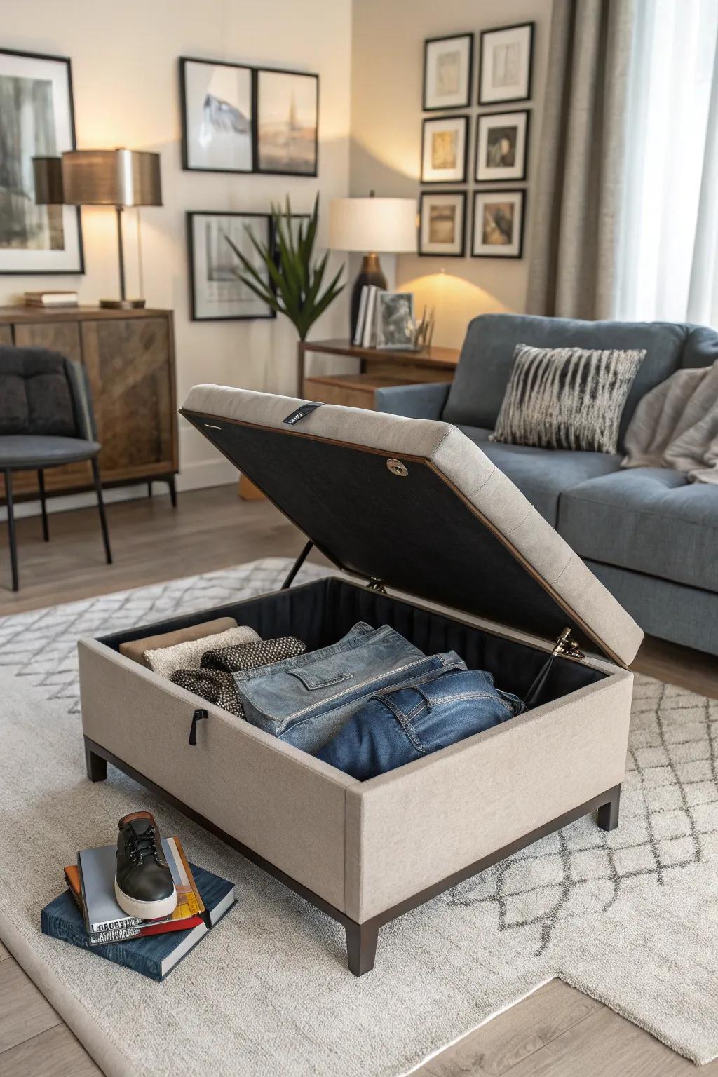 Merge aesthetics and practicality by utilizing a storage bench for your jeans.