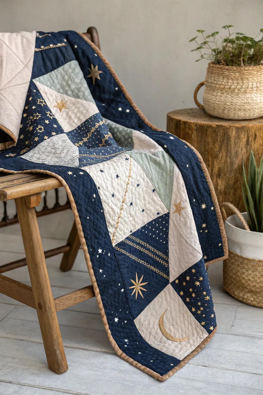 Envelop yourself in the enchantment of an evening constellation through this exquisite quilt design.
