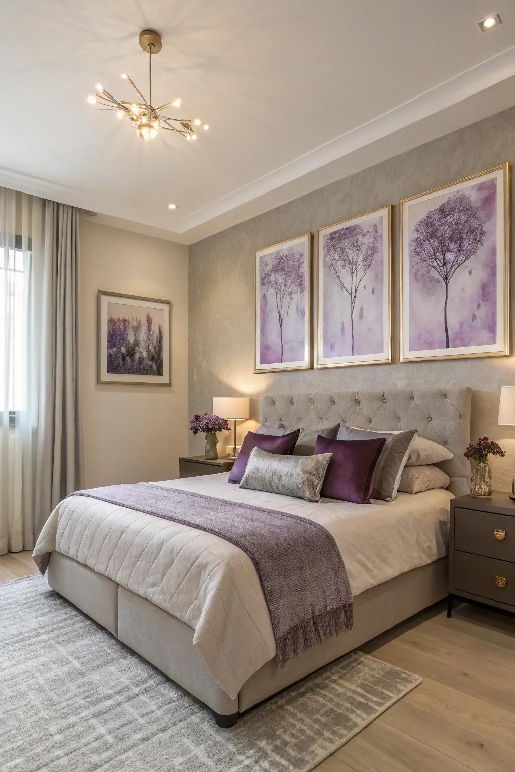 Violet artwork adds a captivating and mysterious aspect to the space.