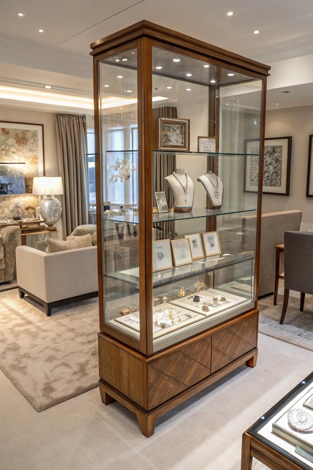 A refined glass and wood display case for exquisite jewelry