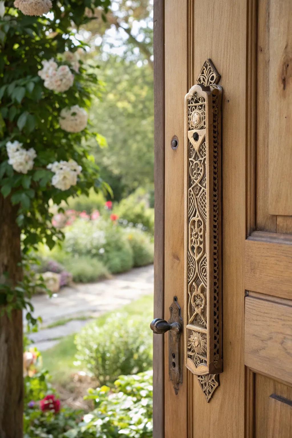 An elegant scripture keeper housing gracing a home's doorway.
