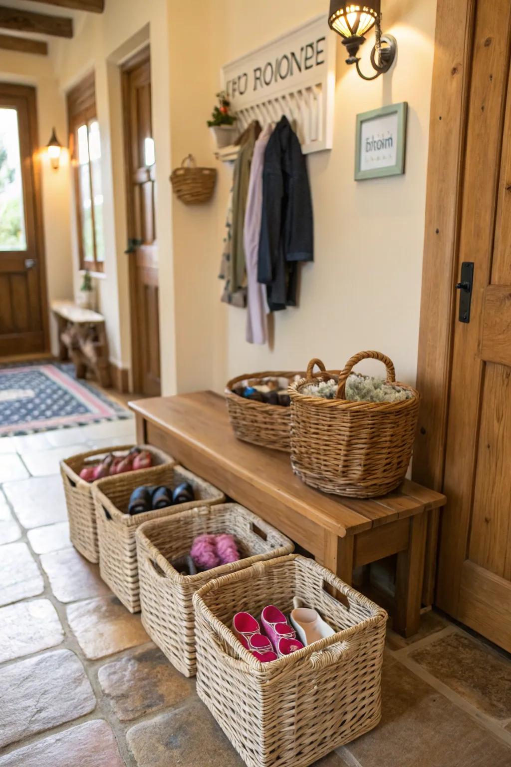 Store shoes easily using labeled bins and baskets.