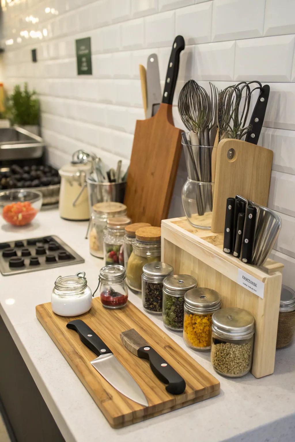 A practical arrangement featuring prep boards and kitchen staples keeps everything accessible.