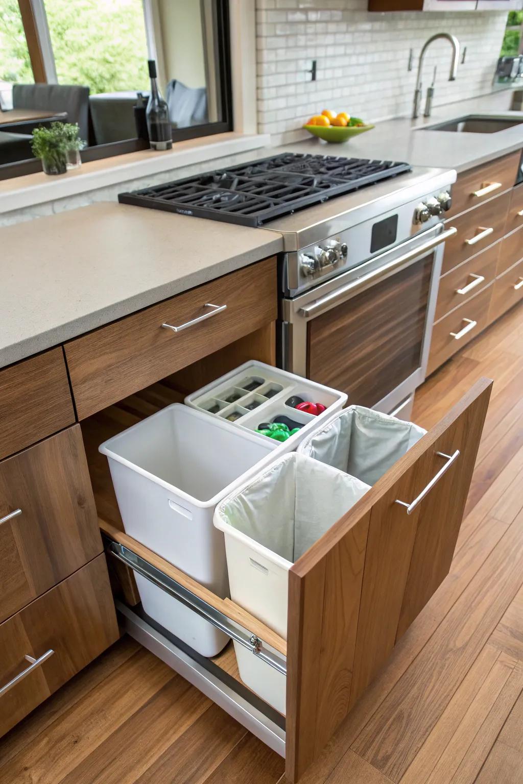 Keep your kitchen neat with hidden waste and recycling drawers.