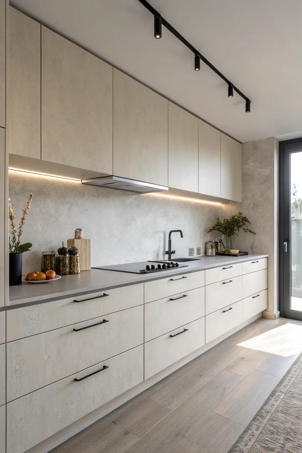 Unblemished understated knobs that uplift a minimalist kitchen blueprint.