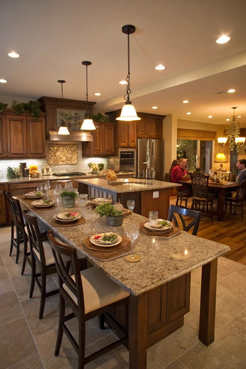 A kitchen island functioning as a social center for social events.