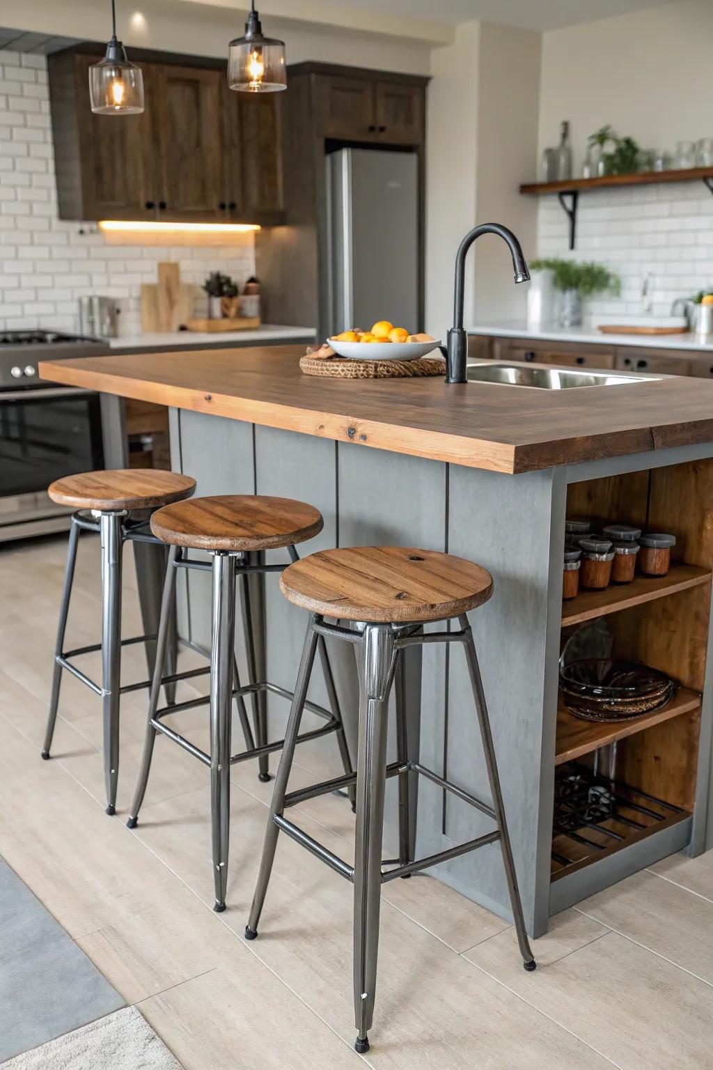 Add visual interest with seating that combines different materials.