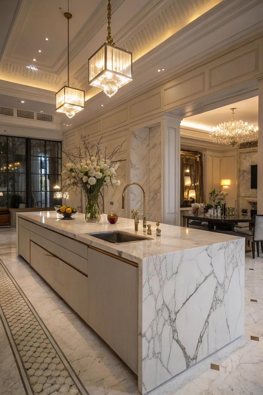 A luxurious stone kitchen island showcasing an artistic touch.