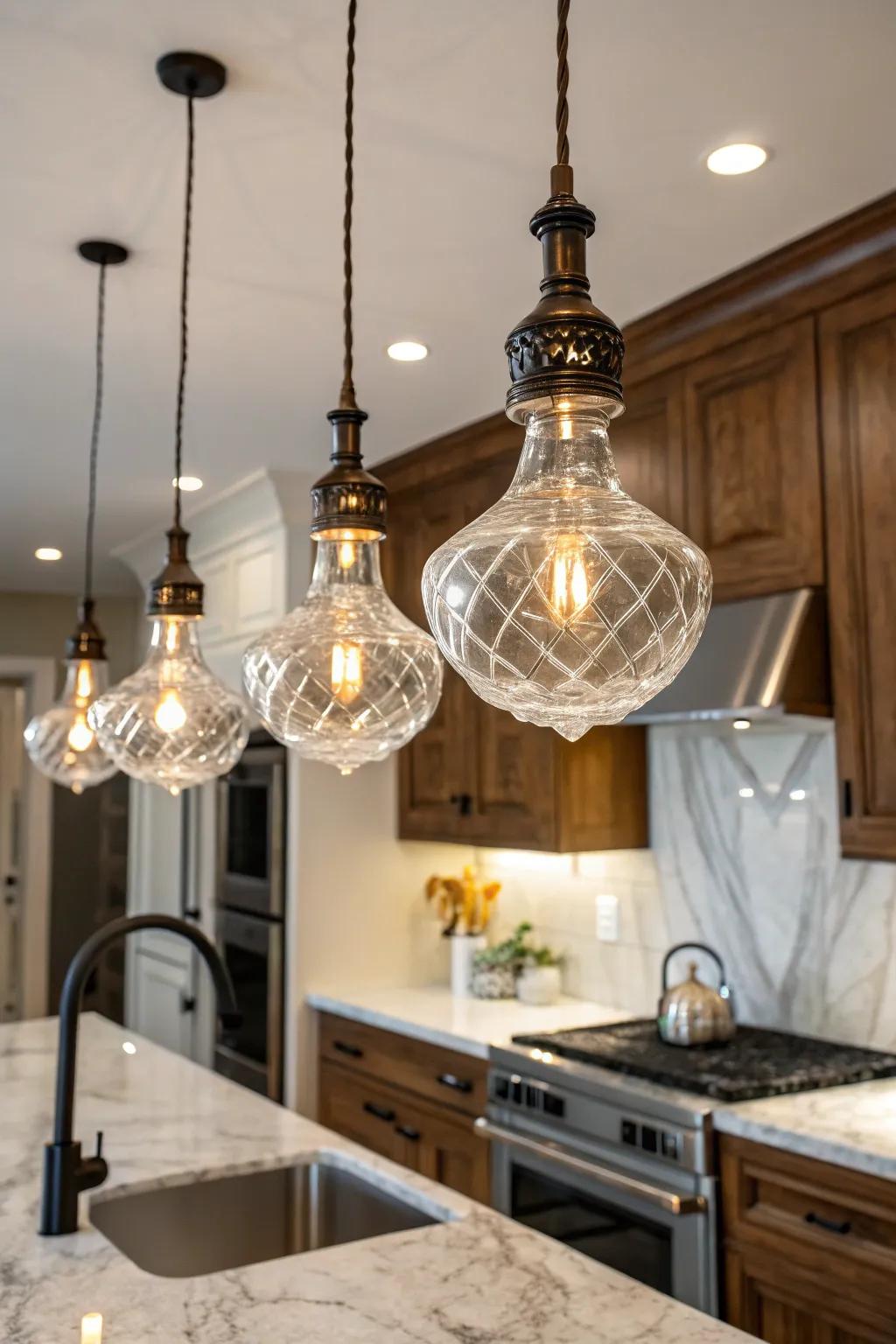 Glass light fixtures contribute a sense of ageless elegance to this kitchen.