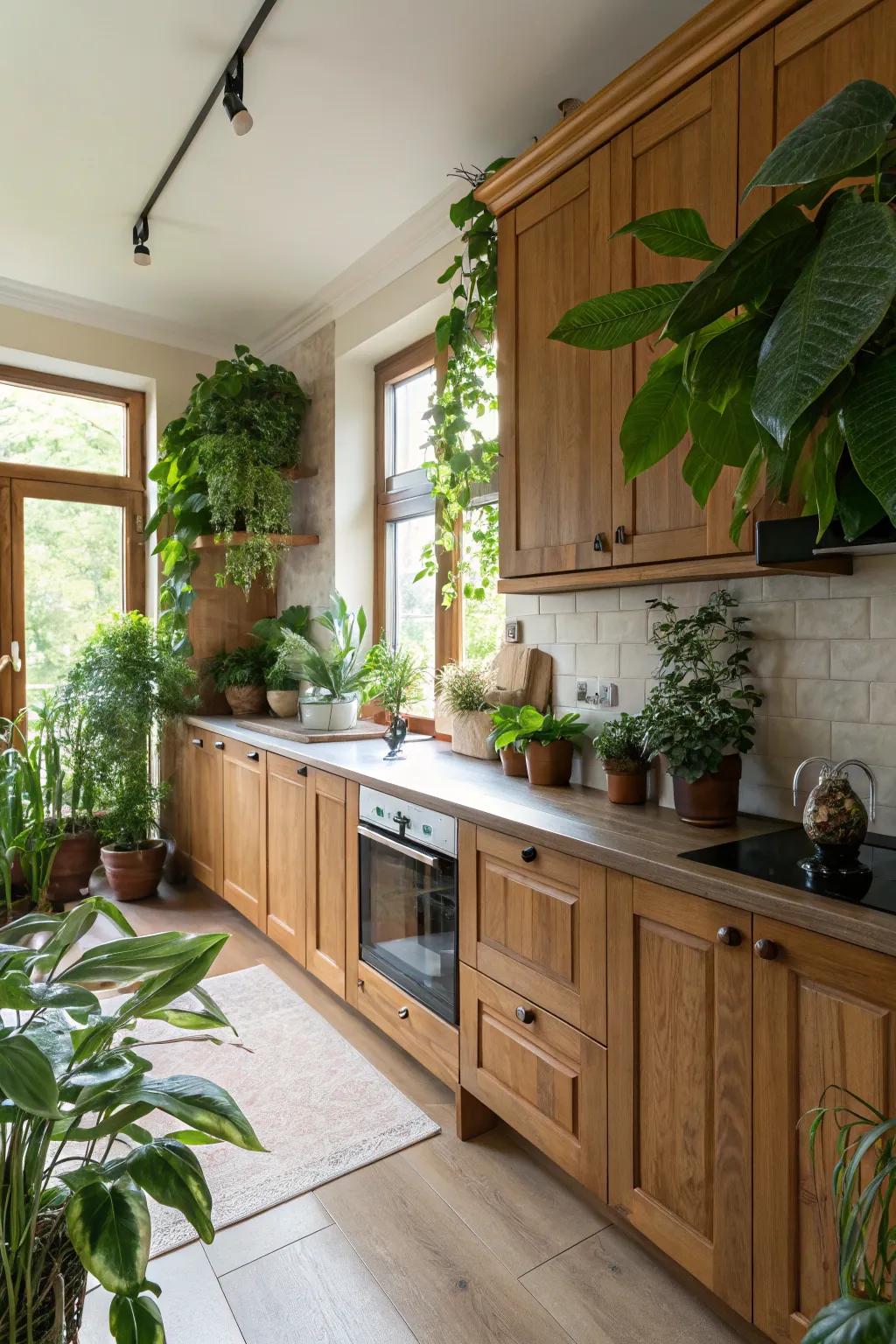 A kitchen highlighting natural elements like wood and plants.