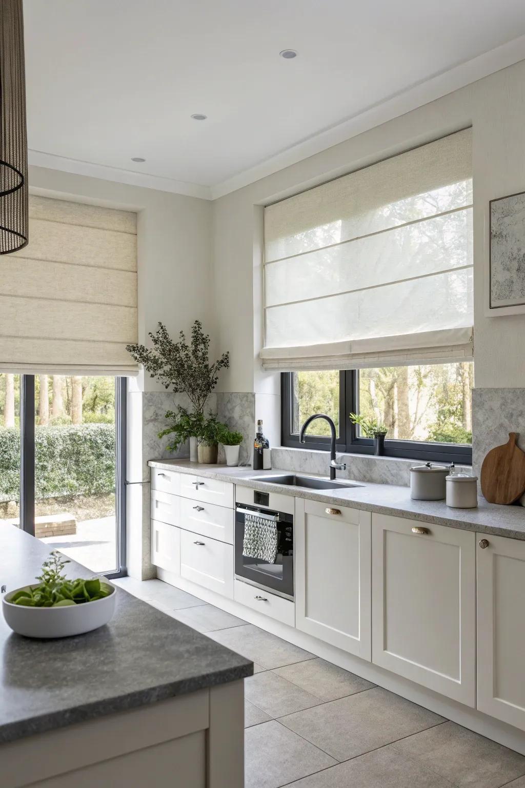 Solid colors accentuate the modern minimalist kitchen.