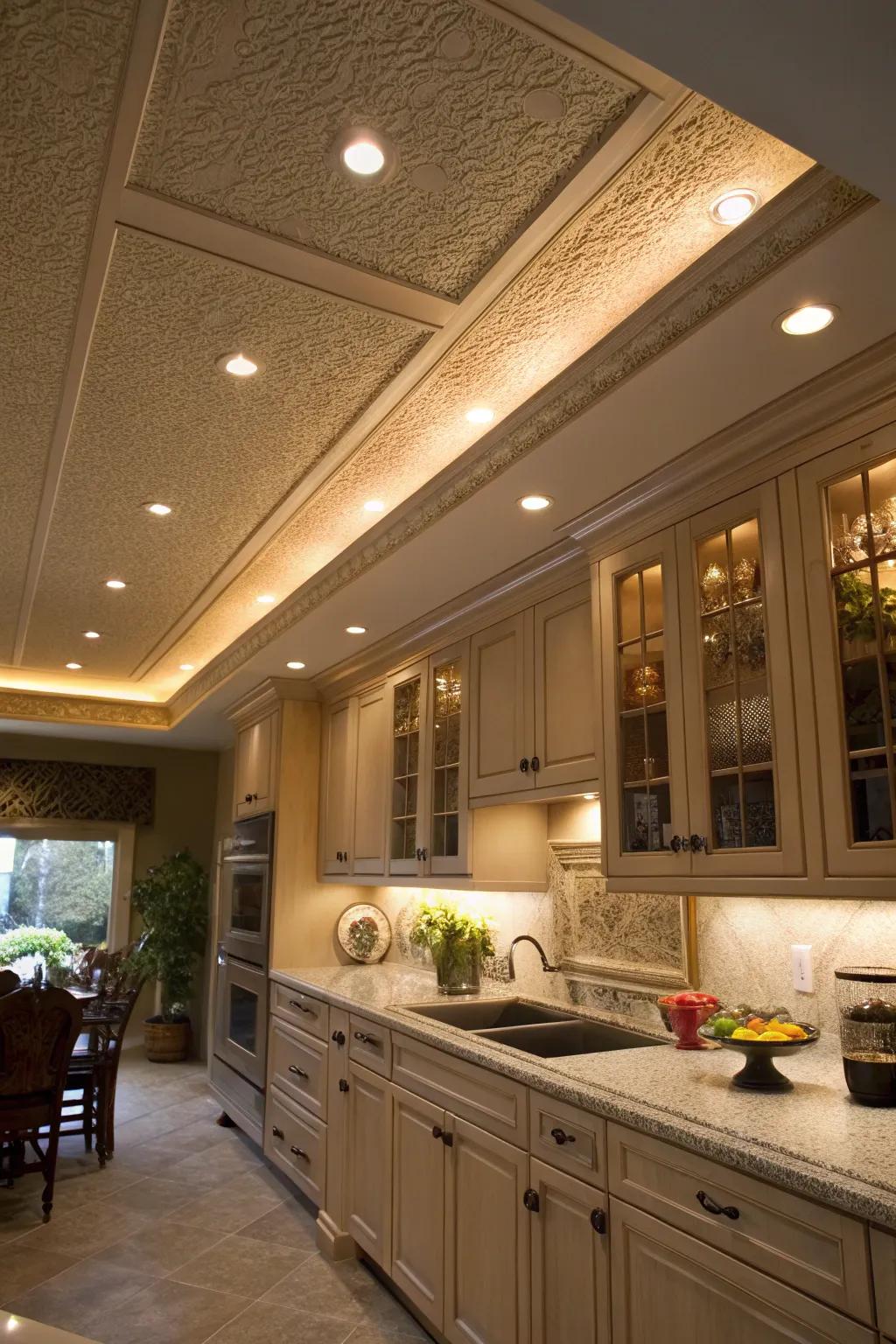 Recessed lighting in the soffit gives the kitchen a cozy and welcoming vibe.