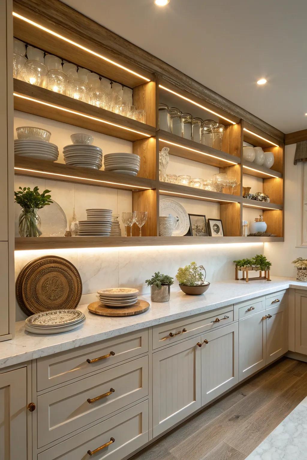 Spotlight your kitchen’s cherished items with thoughtfully illuminated shelves.