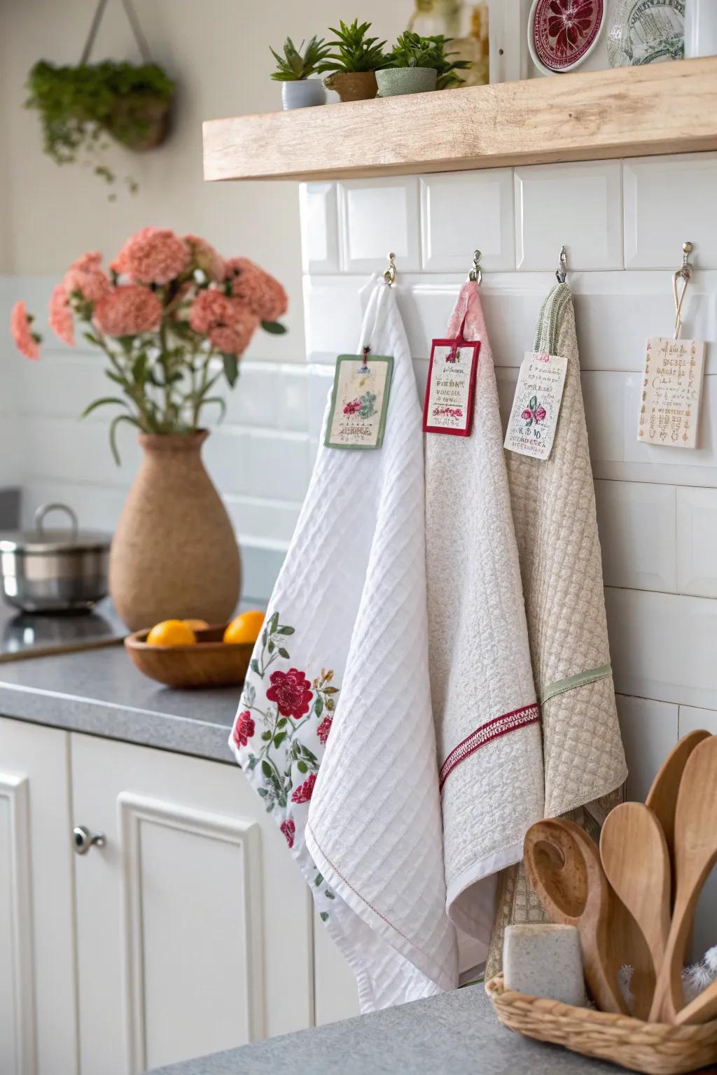 Pair cloths with ornaments for a sophisticated kitchen showcase.