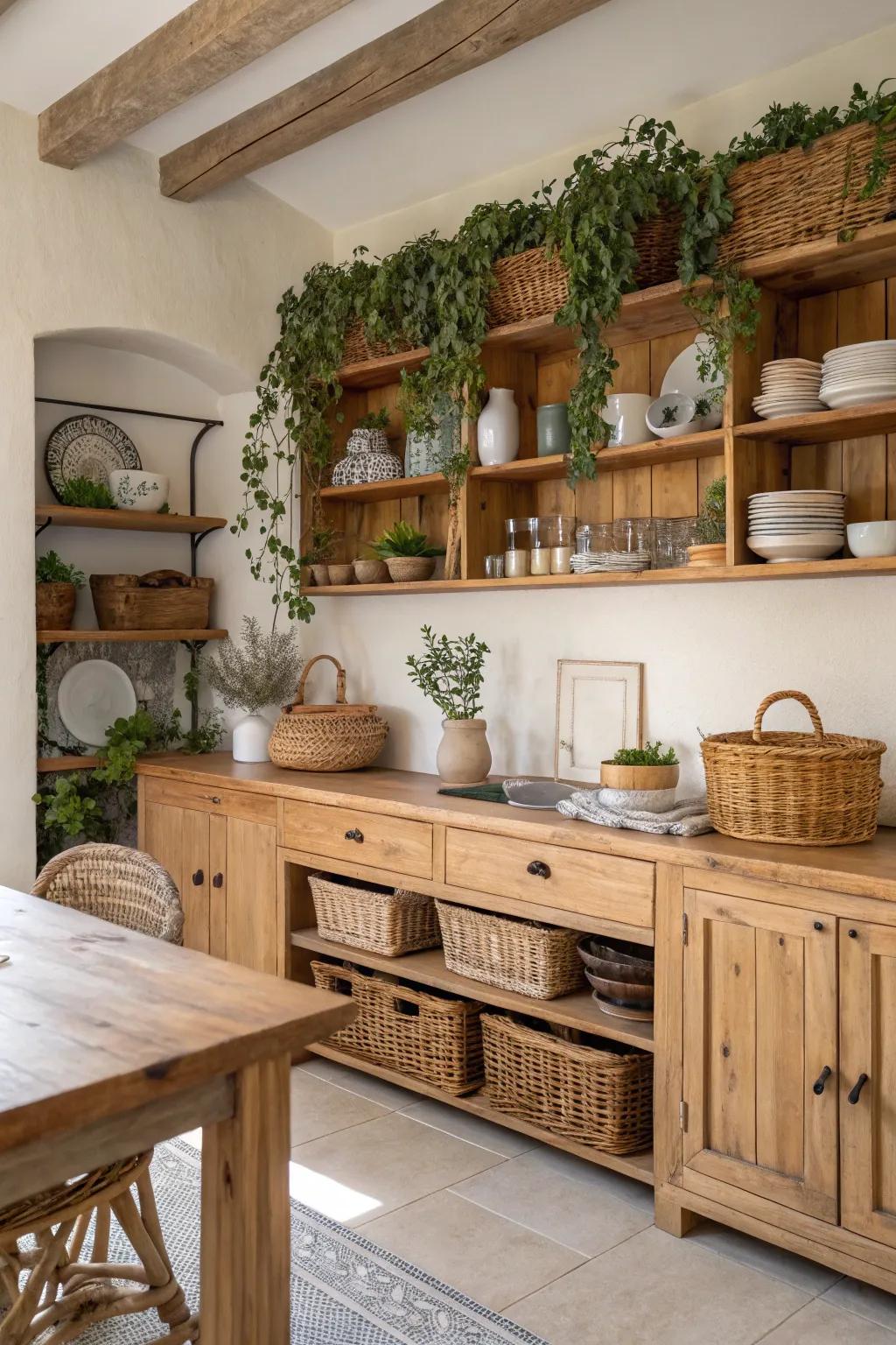 A kitchen featuring natural wood and woven elements, crafting warmth and textural depth.