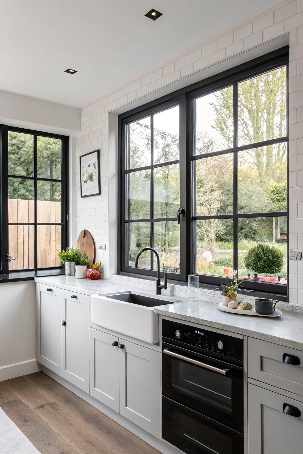 A modern kitchen featuring sleek dark-edged windows.