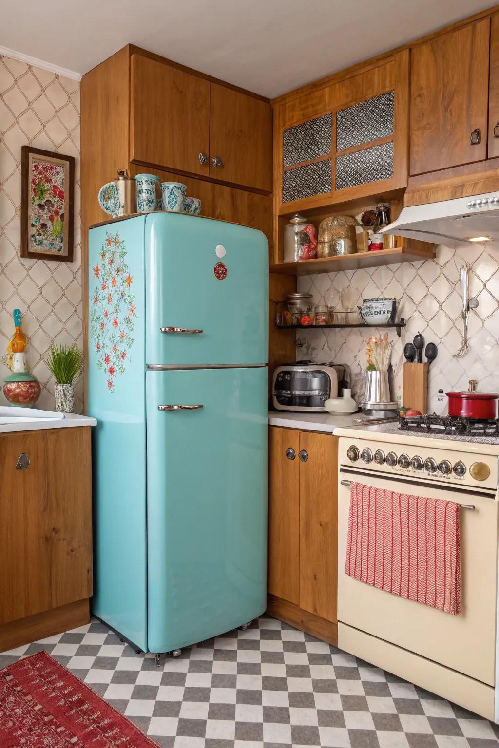 A nostalgic-inspired refrigerator enlivens the kitchen with a burst of color and classic charm.