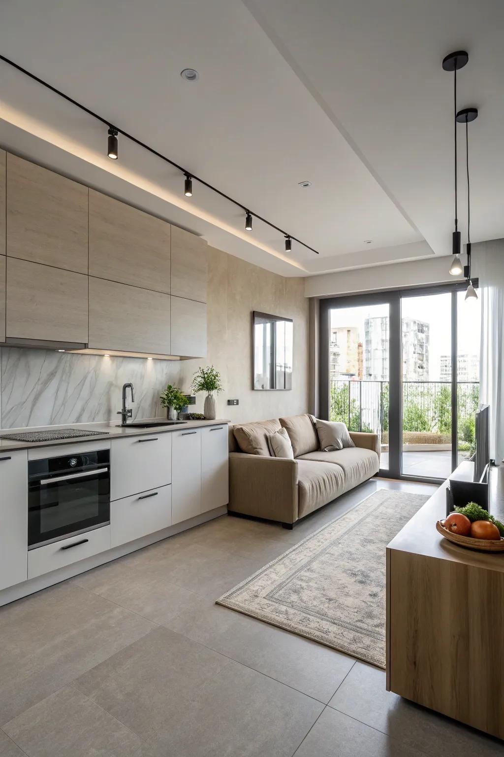 An up-to-date cooking area showcasing a streamlined settee, highlighting modern design attributes.