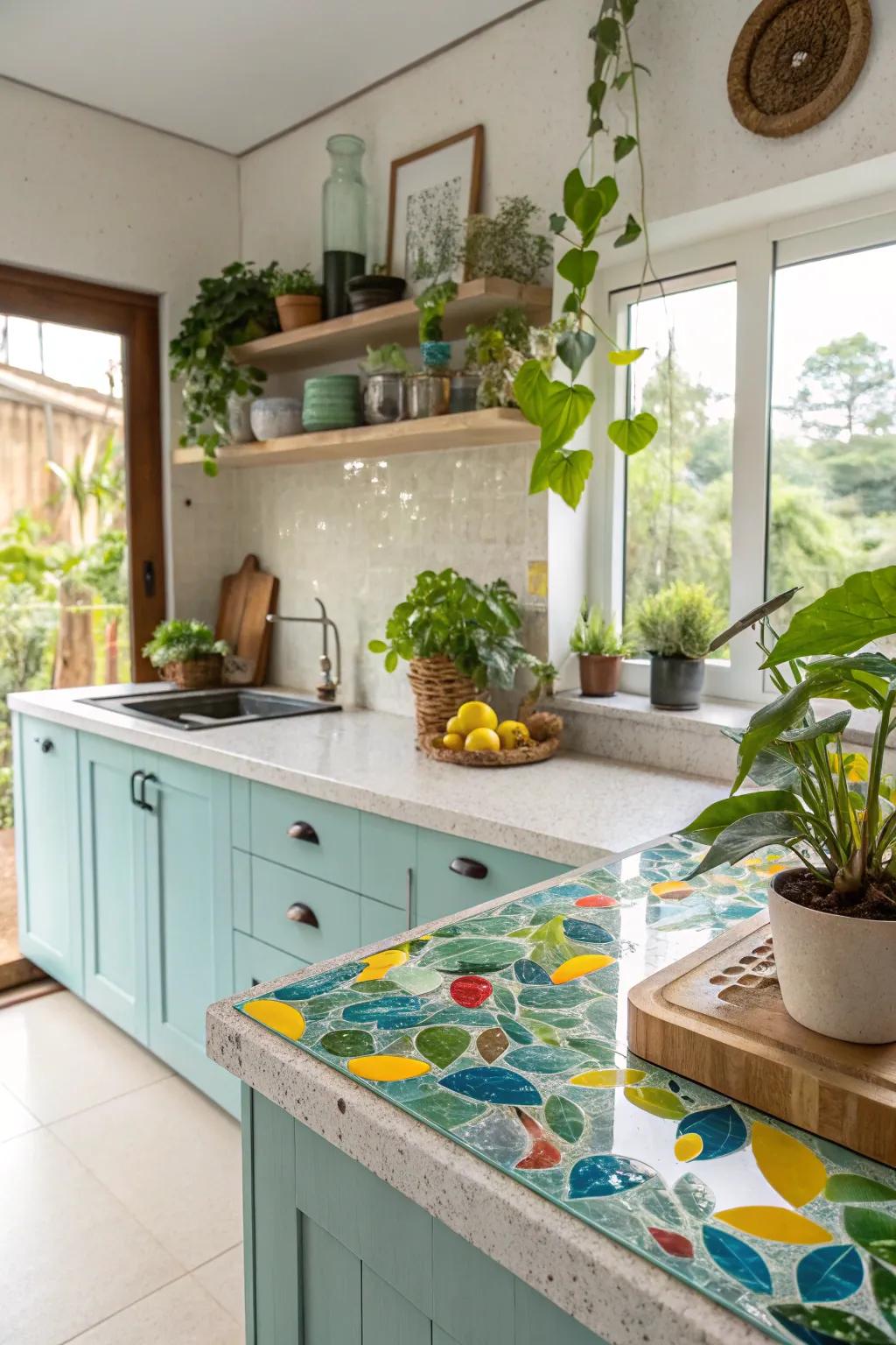 Recycled glass worktops present a vivid, eco-friendly solution.