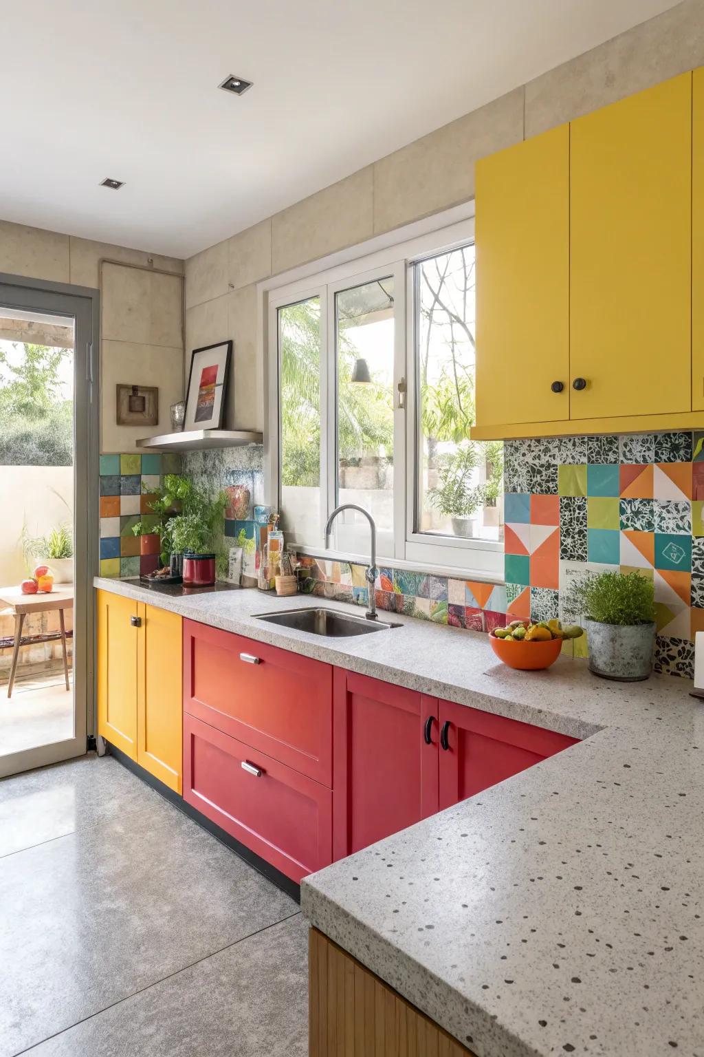 A kitchen that stands out with concrete worktops and vibrant color accents.