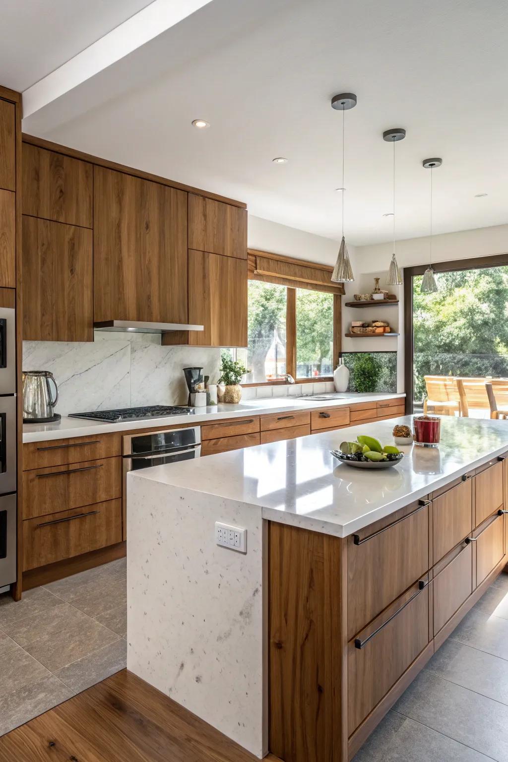 Quartz worktops coordinated with inviting wooden components.