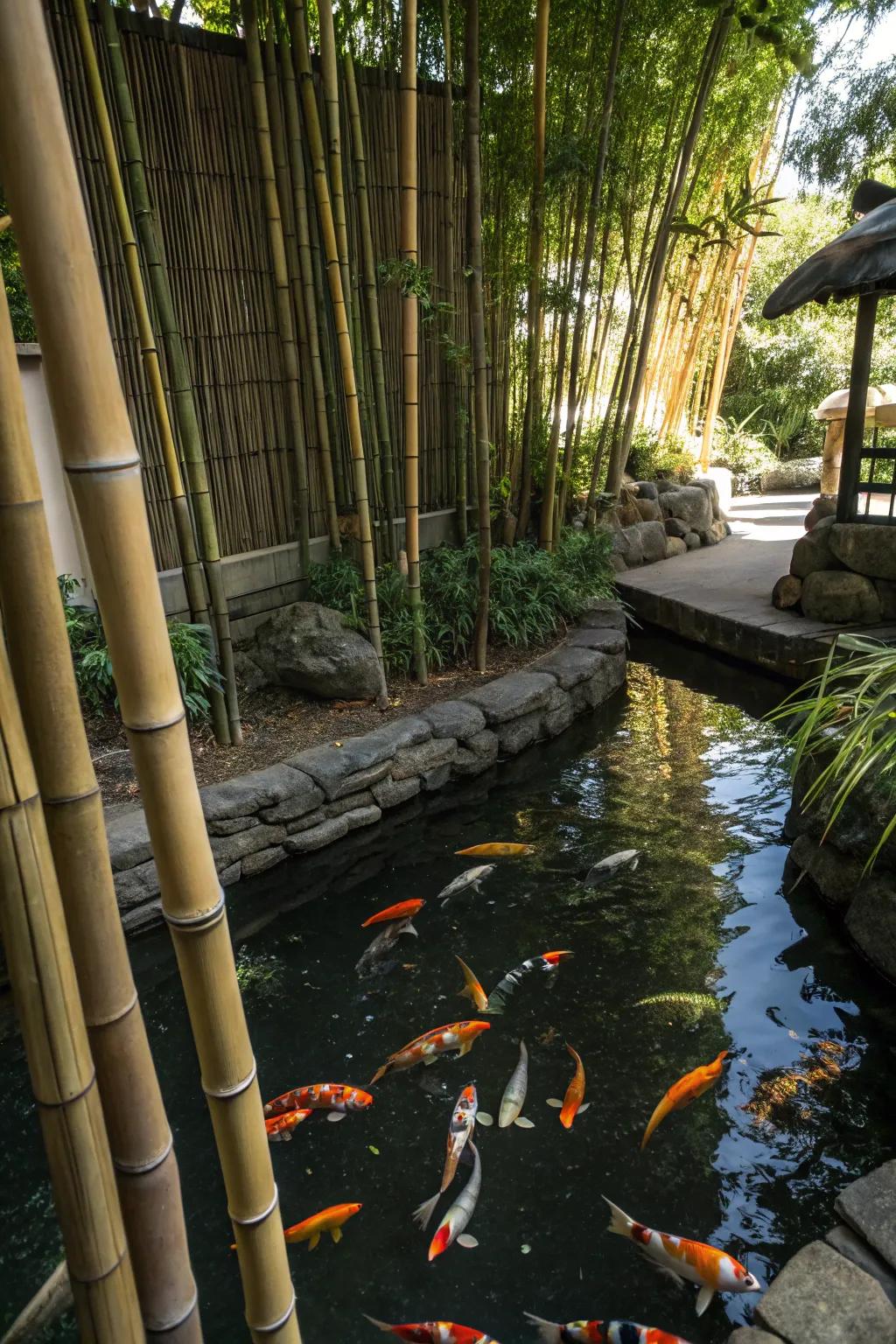 A koi pond with bamboo shades lending a rustic feel.