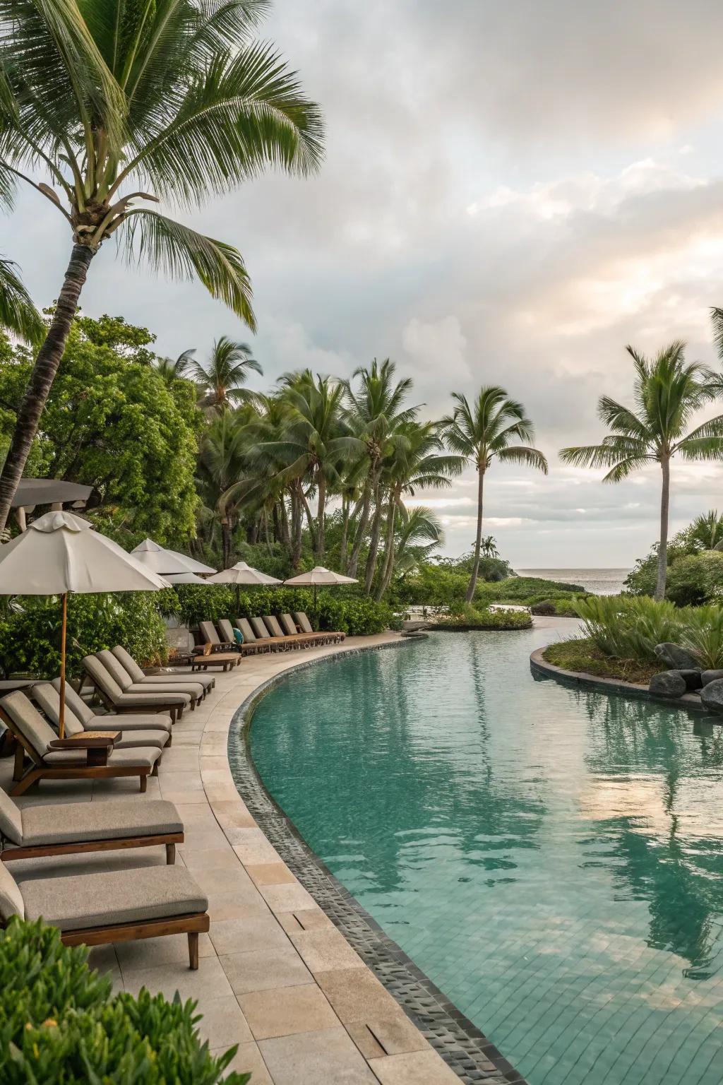 Serene seating sanctuaries render lagoon pools inviting and restful.