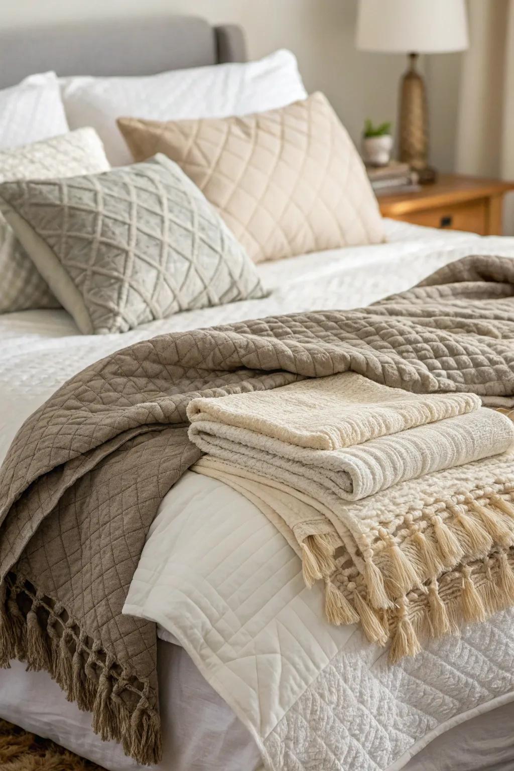 Textured fabrics layer depth and comfort into the bedroom.