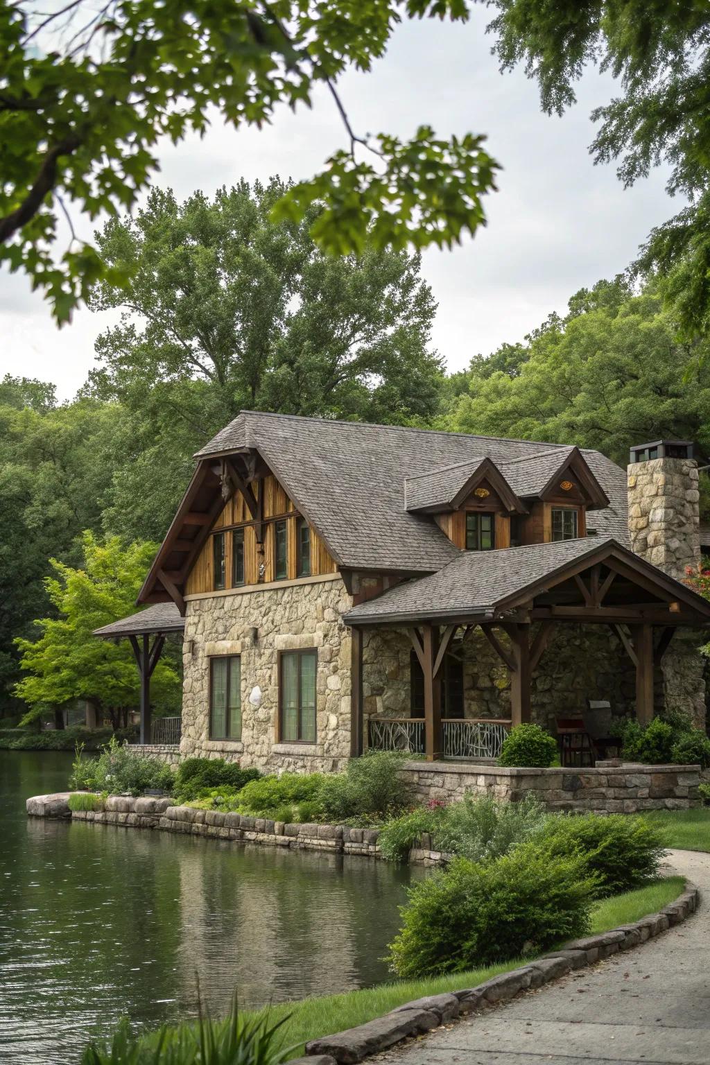 An unrefined exterior featuring timber and stone features.