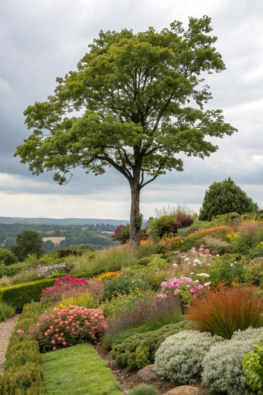 Layered greenery imparts texture and fascination around trees.