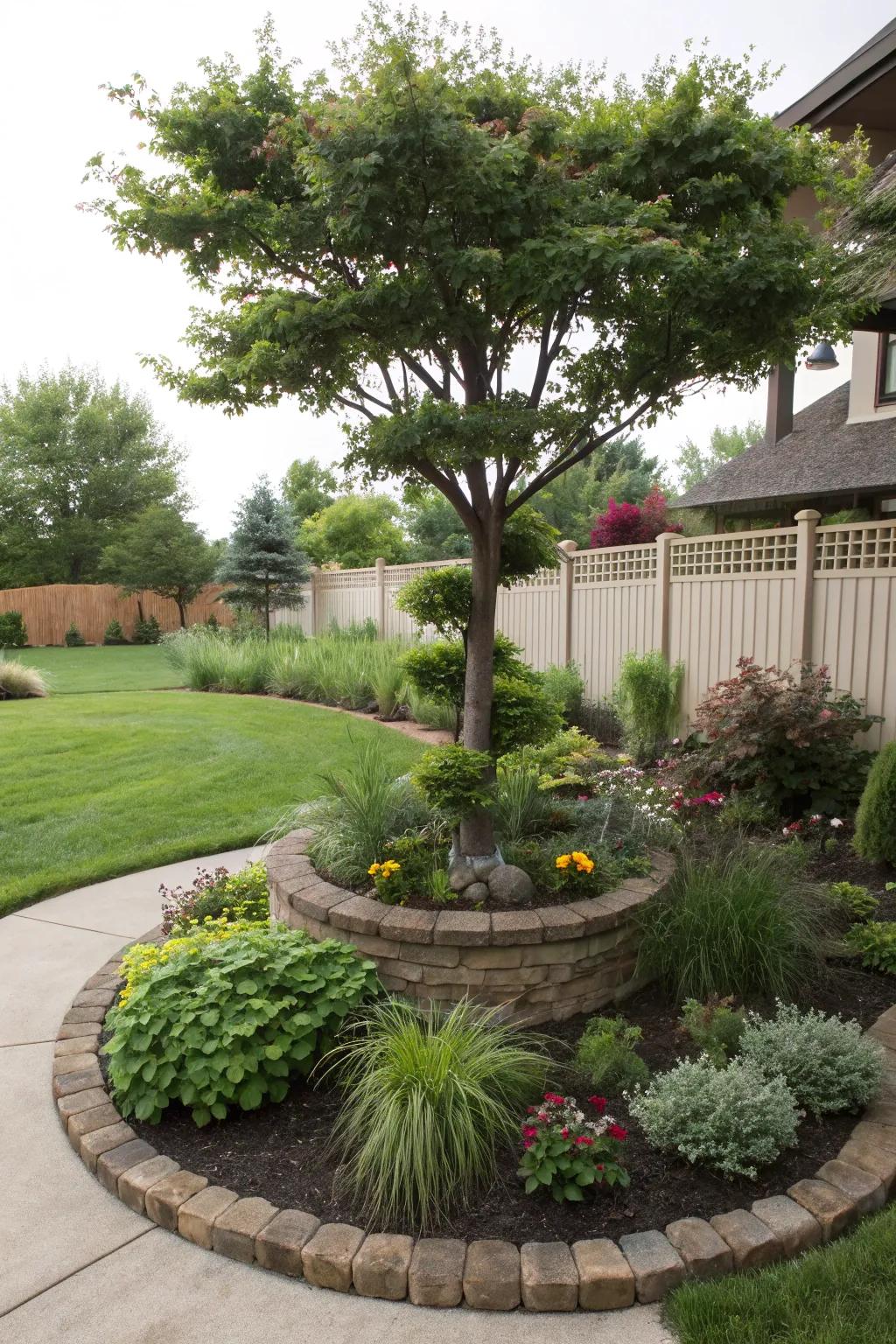 A tree surrounded by leveled planting, creating a visually appealing and deep effect.