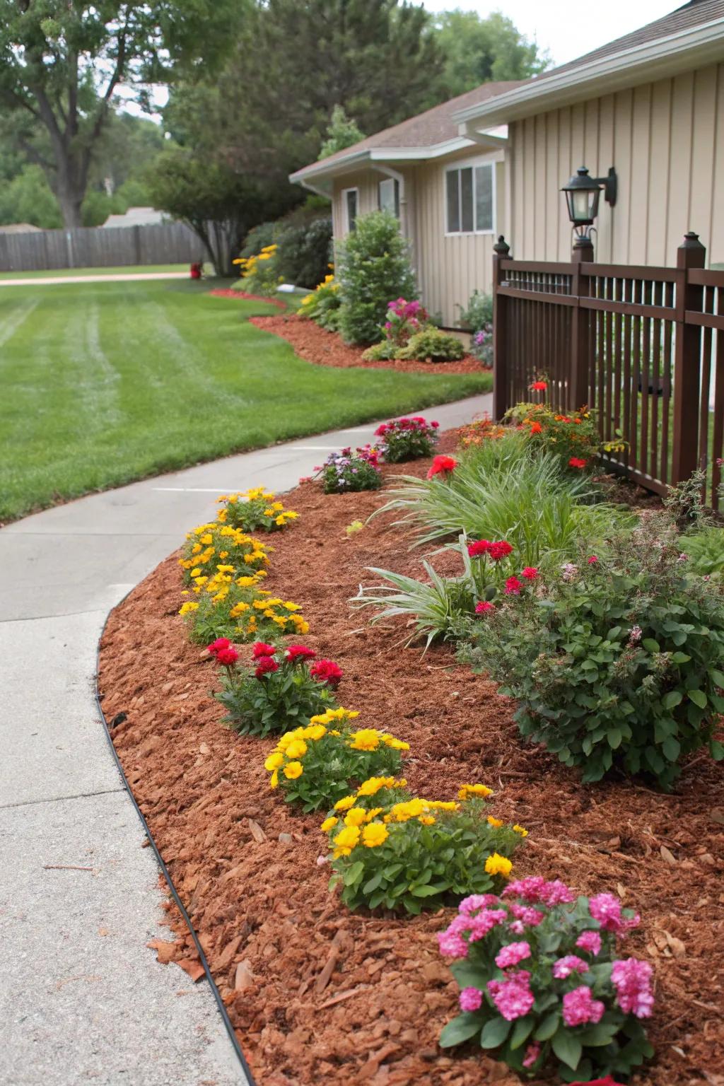 Mulch adds a sophisticated touch to flower beds while aiding in moisture retention.