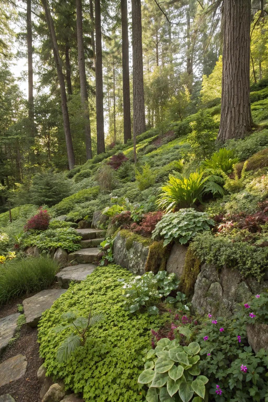Stratified foliage enhancing dimension within a forested garden.