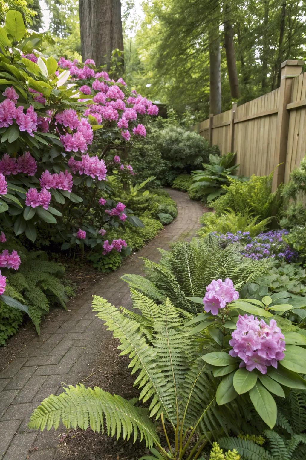 Rhododendrons intertwined with various plants to form a lush, layered garden.