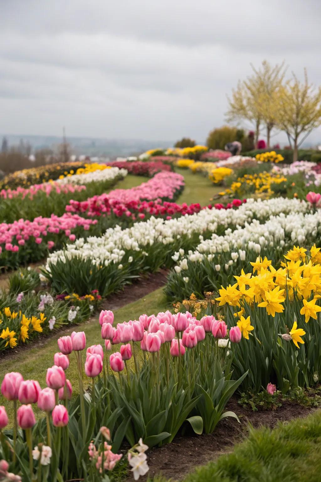 Layered flower beds showcasing a mix of tulips, daffodils, and assorted spring flowers.